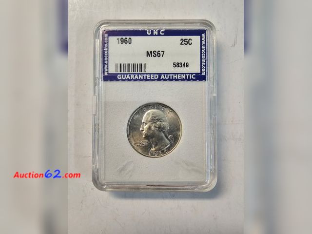 Lot 44-8312r - 1960 WASHINGTON 90% SILVER QUARTER GRADED MS67 (MINT STATE) BY UNCCOINS.-NT