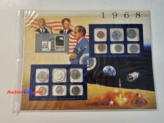 Lot 44-8341u - 1968 MINT SET WITH 40% SILVER KENNEDY HALF FROM THE 25 YEARS OF U.S. UNCIRCULATED COIN MINT SETS AND STAMPS IN A COLLECTOR PANEL.-NT