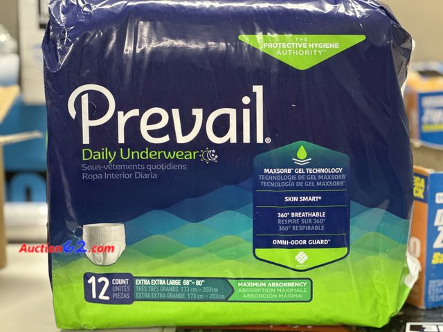 Lot 44-7516b - 12 pk of prevail daily underwear size XXL 68-80. Maxabsorb technology 360 gedree breathable. New. See photo. 5. Not Tested 13. Never opened,...