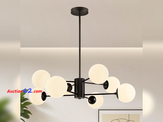 Lot 44-898w - $169.99 Retail price - Bagood 8-Light Globe Sputnik Chandelier Black Mid Century Modern Light Fixture Matte Black Finished with White Froste...