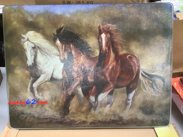 Lot 44-6151e - “Three Running Horses” Tempered Glass Cutting Board. Appears New, A basic inspection has been given to this item. Sold AS-IS. See All Photo'...