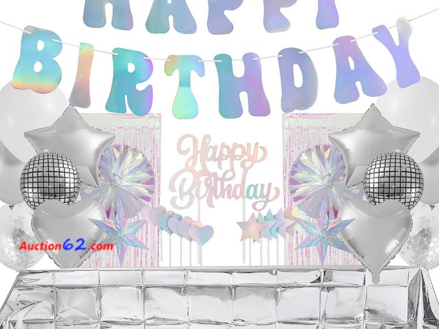 Lot 44-9037g - Retail of $53- Lot of (3) ecoZen Disco Decorations Set - Iridescent Party Supplies with Banner, Cutlery, Cupcake Toppers, Disco Ball Balloon...