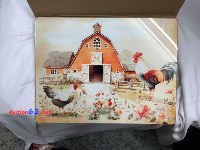 Lot 44-6069e - 2 Roosters and a Barn Tempered Glass Cutting Board, Appears New, A basic inspection has been given to this item. Sold AS-IS. See All Photo's...