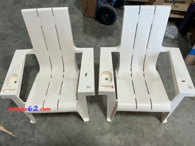 Lot 44-242e - $250 Retail price - Set of 2 Cream Resin Adirondack Chairs with Cup Holders See All Photo's E-Commerce Return, A basic inspection has been g...