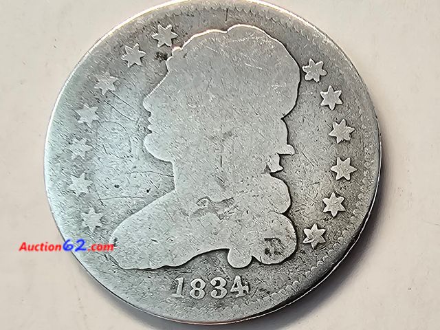 Lot 44-8368u - 1834 LIBERTY CAPPED BUST 90% SILVER QUARTER. MINTED IN PHILADELPHIA.-NT