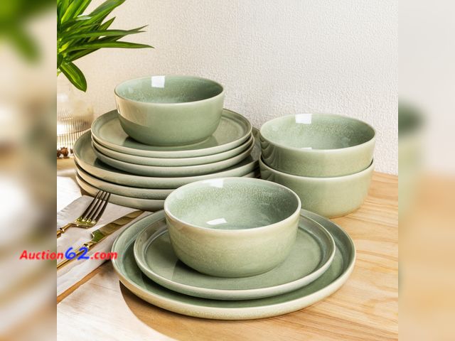 Lot 44-836i - $137.95 Retail price - AmorArc Stoneware Dinnerware Sets,Round Reactive Glaze Ceramic Plates and Bowls Sets,Highly Scrath Resistant | Dishwa...