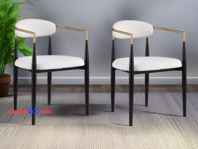 Lot 44-1115b - $291 Retail value- Boise Beige, Black, and Gold Metal Frame Boucle Fabric Cushioned Modern Glam Dining Chair (Set of 2) small stain 1. Appea...