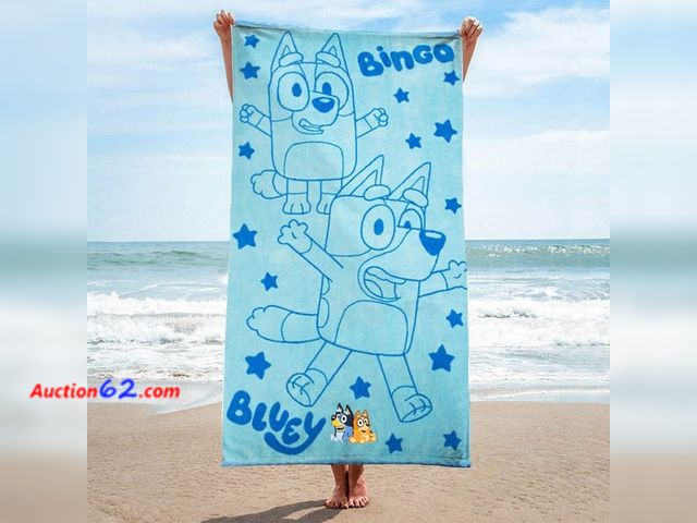 Lot 44-245g - Bluey Beach Oversized 100% Cotton Towel with Embroidered 1 Count- A Couple Small Stains  E-Commerce Return, A basic inspection has been give...