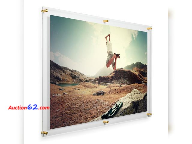 Lot 44-1149j - $317.05 Retail price - Wexel Art 24x36" Clear UV Grade Acrylic Floating Picture Frame Double Panel Photo Display with Gold Hardware for hang...