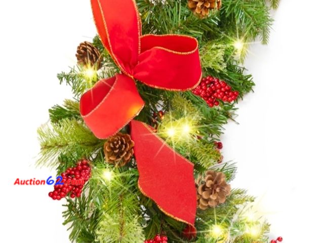 Lot 44-6502t - 9ft Pre-Lit Christmas Garland w/ 50 Lights, Pine Cones, Berries, Battery Operated Appears New, A basic inspection has been given to this ite...