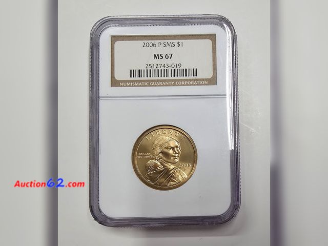 Lot 44-8353f - 2006-P SMS SACAGAWEA DOLLAR GRADED MS67 (MINT STATE) BY NGC. THIS COIN WAS TAKEN FROM A MINT SET WHERE THE COINS WERE STRUCK WITH SPECIAL FR...