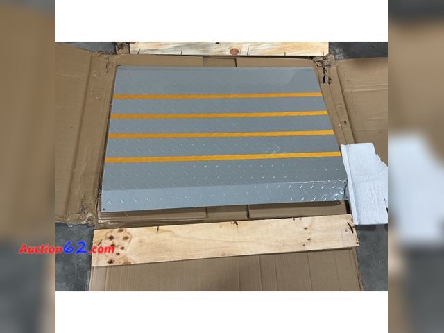 Lot 44-430o - $150 Retail price - Gray Metal Dock Plate with Yellow Stripes E-Commerce Return, A basic inspection has been given to this item. Sold AS-IS....