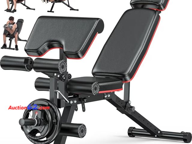 Lot 44-7353w - Workout bench, adjustable weight bench with leg extension and leg curl, extended headrest, 900 lbs preacher curl bench incline decline flat ...