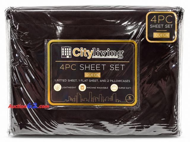 Lot 44-6062m - City living 4 pc QUEEN size sheet set fitted flat 2 pillow cases. Light weight super soft. Appears New, A basic inspection has been given to...