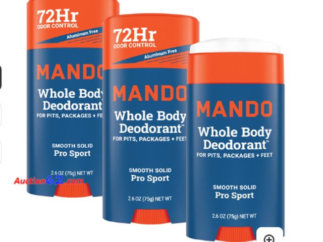 Lot 44-1532b - Mando High Performance Whole Body Deodorant 3 Pack Pro Sport, 72Hr Odor Control, Aluminum Free See All Photo's Not Tested Appears New, A bas...