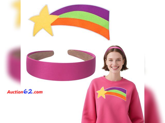 Lot 44-9224 - Lot of (2) GHGMAO Satin Hot Pink Headband and Large Shooting Rainbow Star Patch for Women Costume Accessories, Halloween Cosplay Appears New...