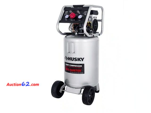 Lot 44-7352n - Husky 20 gallon 165 PSI Vertical Electric oil-free quiet auto/workshop air compressor with dual gauges and 2-quick couplers, retail $329.00 ...