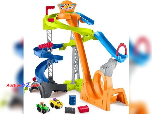 Lot 44-3019i - Fisher-Price Little People Toddler Toy Hot Wheels Spiral Stunt Speedway Race Track Playset with 2 Cars for Pretend Play Kids Ages 18+ Months...