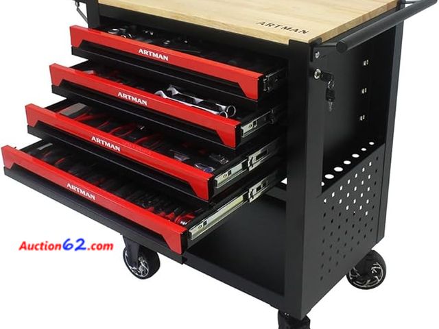 Lot 44-94z - Retail Value of $491- Portable Box Rolling Cart with 4-Drawers Wooden Top Wheels Locking S... Appears New