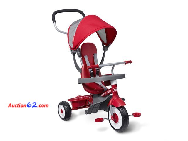 Lot 44-620j - $140.98 Retail price - Radio Flyer Stroller Tricycle, EZ Fold 4-in-1 Stroll 'N Trike for Infant &amp; Toddler, Red
 Appears New, A basic ins...