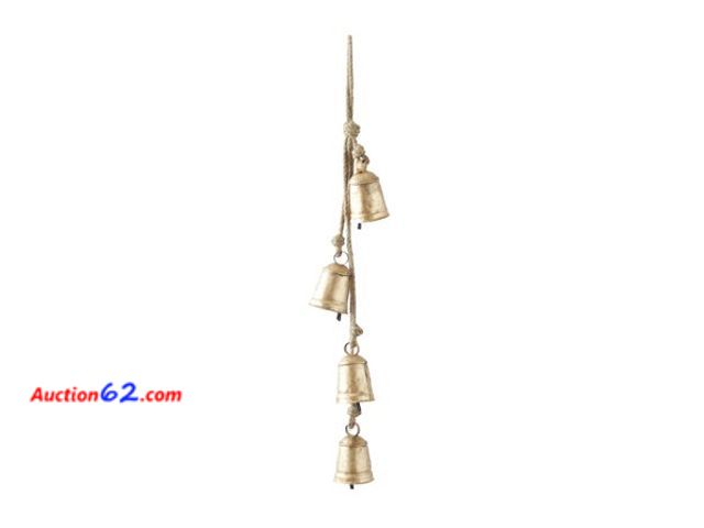 Lot 44-9044 - DecMode Tibetan Inspired Cascading Gold Metal Cylindrical Decorative Cow Bells with 4 Bells on Jute Hanging Rope Appears New, A basic inspec...
