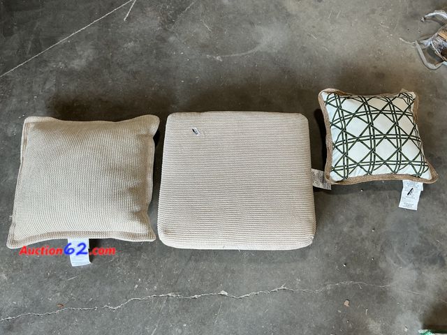 Lot 44-124f - Set of 3 Decorative Throw Pillows - Beige Knit &amp; Green Lattice See All Photo's E-Commerce Return, A basic inspection has been given to t...