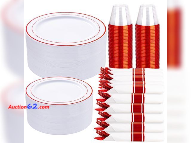 Lot 44-226m - $86.39 Retail price - WELLIFE 700 Pieces Red Plastic Plates - Disposable Silverware and Cups, Include: 100 Dinner Plates 10.25”, 100 Dessert...