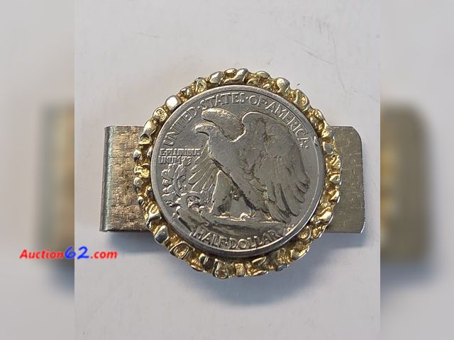 Lot 44-8383w - GOLD-PLATED 90% SILVER WALKING LIBERTY HALF DOLLAR ENCASED IN A *BEAUTIFUL* CASH CLIP! AWESOME WAY TO CARRY YOUR CASH AND SHARE YOUR LOVE FO...