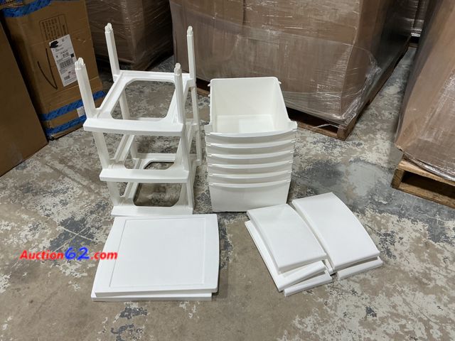 Lot 44-1512w - IRIS Narrow 3 Drawer Plastic Storage Chests: White Vertical Utility Storage Drawers for School Supplies &amp; Clothing (missing structure to...