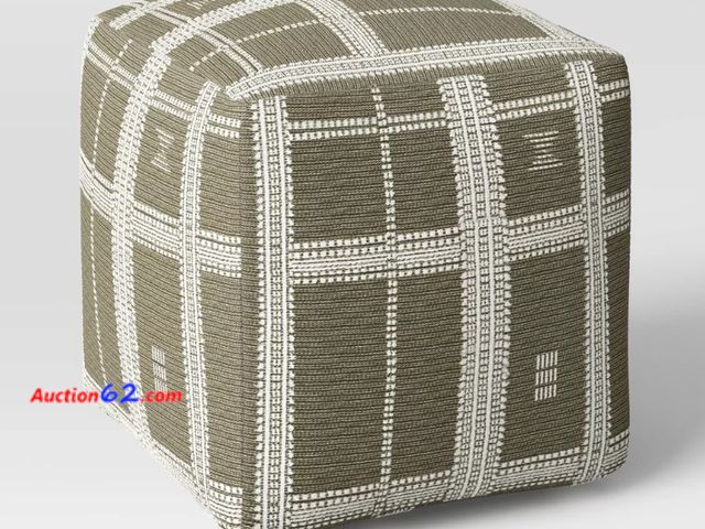 Lot 44-1575p - $60 Retail value- THRESHOLD Pouf, Stitched Plaid, 18x18x18, Recycled Polyester Face, Foam Bead Filling, Green Appears New, A basic inspectio...