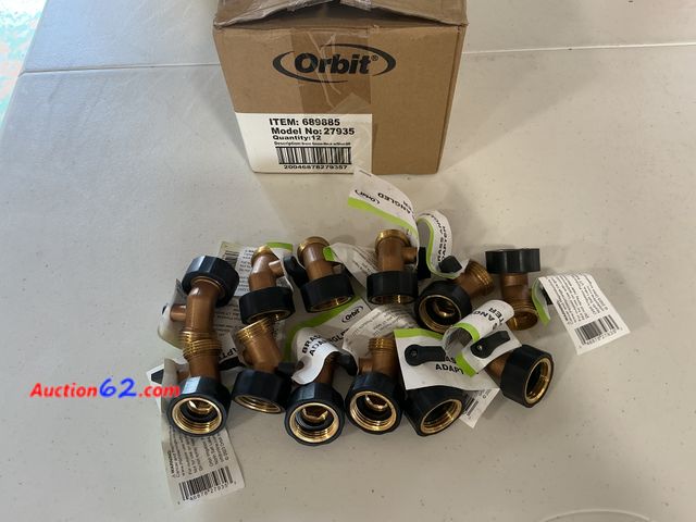 Lot 44-630b - Lot of (12) Total Retail $119- Heavy-Duty Brass Angled Shut-Off Hose Faucet Adapter 1. Appears New, A basic inspection has been given to thi...