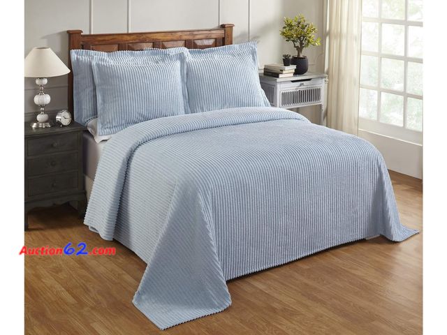Lot 44-5557w - Better Trends Chenille Bedspreads Full/Double Size, Blue 100% Cotton Chenille Stripe Design Tufted Bedding Coverlet Soft Lightweight, 96"x11...