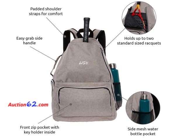 Lot 44-3031q - New with Tags - LISH Game Point Backpack w/Shoe Compartment - Racket Holder Equipment Bag for Tennis, Racquetball, Squash - Large and Great ...