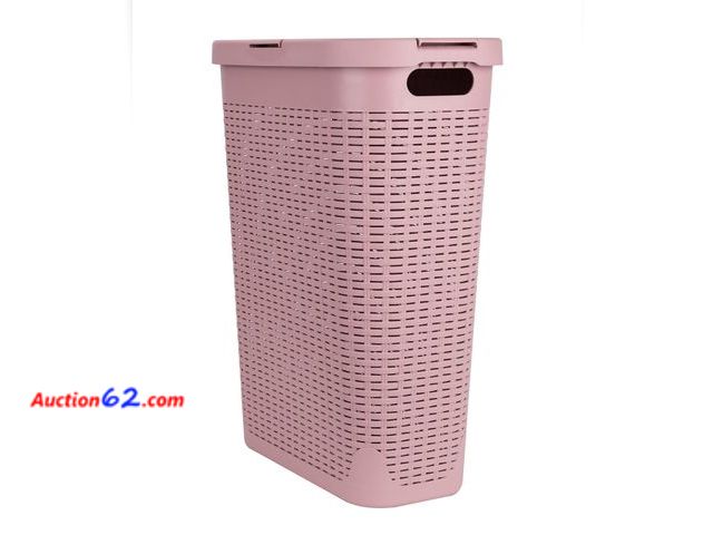 Lot 44-1158i - Mind Reader Slim Laundry Hamper with Lid, 40L Clothes Basket, Premium Wicker Design, Plastic, Pink E-Commerce Return, A basic inspection has...