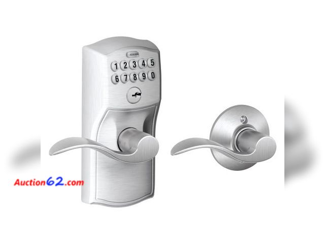 Lot 44-219g - Schlage FE575 CAM 626 ACC Camelot Keypad Lock with Accent Lever, Auto-Lock, Electronic Keyless Entry, Satin Chrome - Appears New, A basic in...