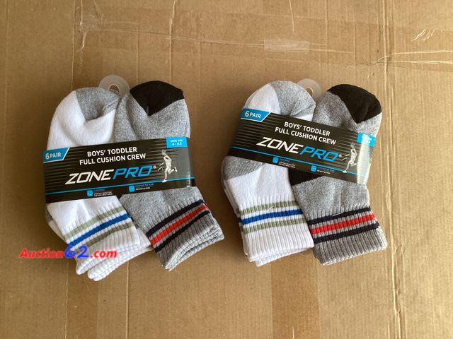 Lot 44-7734j - Lot of (2) 6 pair packs of boys toddler full cushion crew socks. Size 4-8.5 Appears New, A basic inspection has been given to this item. Sol...
