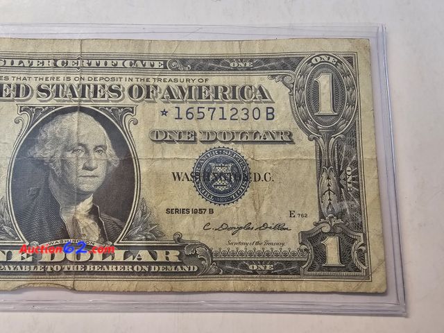 Lot 44-8369g - 1957 B SERIES $1 SILVER CERTIFICATE STAR NOTE. CIRCULATED. A STAR NOTE IS A REPLACEMENT NOTE FOR WHERE AN ERROR OCCURRED IN THE PRINTING. FR...