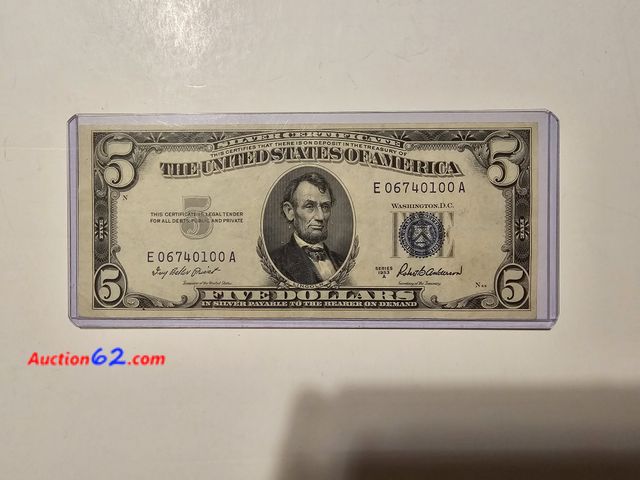Lot 44-8305w - 1953A SERIES $5 SILVER CERTIFICATE. UNCIRCULATED. FROM BACK IN THE GOOD OLD DAYS WHEN THEY SAID "PAYABLE IN SILVER TO THE BEARER ON DEMAND."...
