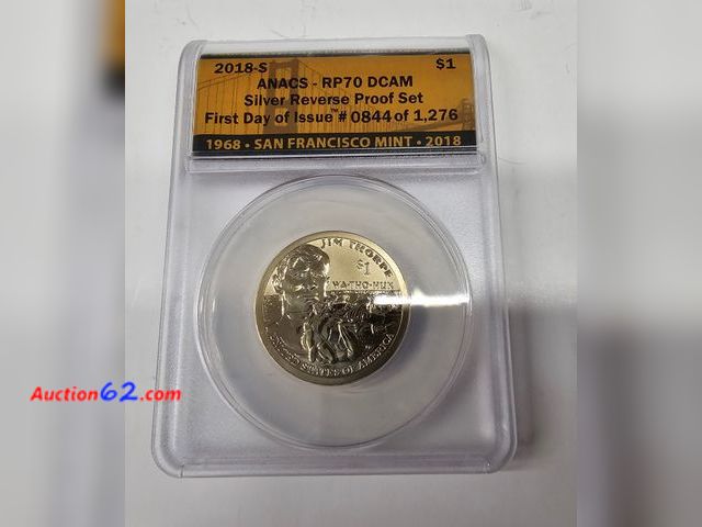 Lot 44-8332b - 2018-S SACAGAWEA NATIVE AMERICAN JIM THORPE REVERSE PROOF DOLLAR GRADED RP 70 DCAM-FIRST DAY OF ISSUE BY ANACS. PERFECT COIN! THEY DON'T GRA...
