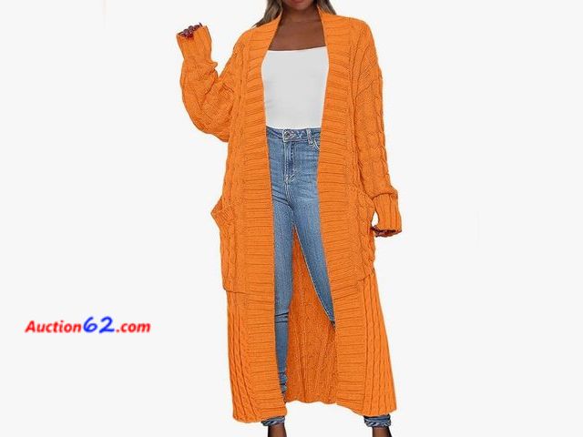 Lot 44-7136i - Women's long cardigan sweater open front coat long sleeve cable knit, orange, X-large  E-Commerce Return, A basic inspection has been given ...