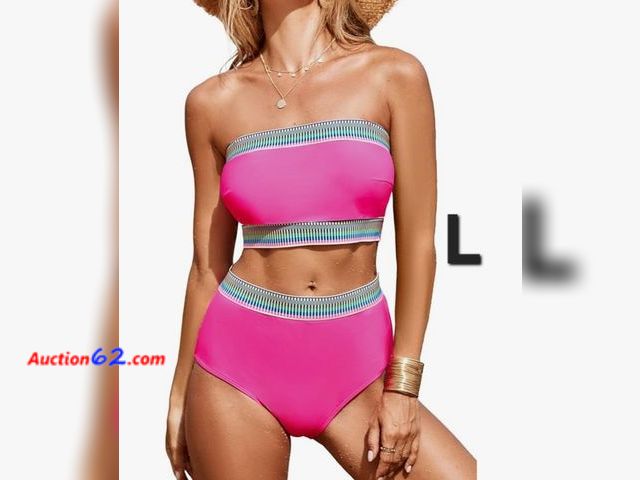 Lot 44-6769b - Size Large Herseas Women's Two Piece Bandeau Bikini Swim Suit Off Shoulder Cheeky High Waisted Tummy Control Bathing Suit Appears New