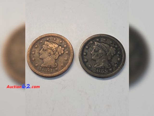 Lot 44-8404w - LOT OF TWO (2) LARGE CENTS -1851 &amp; 1853 BRAIDED HAIR LARGE CENTS. COMES IN A PROTECTIVE FLIP! - NT