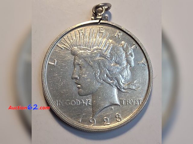 Lot 44-8337k - 1923-S LIBERTY HEAD 90% SILVER PEACE DOLLAR ENCASED IN A SNAZZY PENDANT! ALL IN BEAUTIFUL SHAPE!! - NT