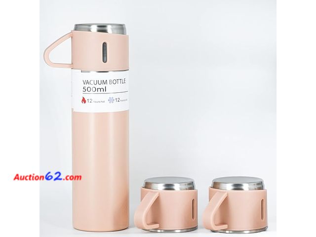 Lot 44-5301g - Stainless Steel Vacuum Flask Set with 3 Steel Cups Combo for Coffee Hot Drink and Cold. Pink. Appears New, A basic inspection has been given...