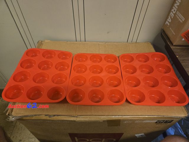 Lot 44-6597w - Lot of 3 Red Silicone Muffin Pans Appears New, A basic inspection has been given to this item. Sold AS-IS.