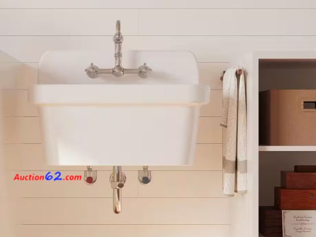 Lot 44-680e - Retail value $425- Mason 10 Gallon 20 in. D x 24 in. W Wall Mount Laundry/Utility Sink in Crisp White with Basket Strainer Appears New Not T...