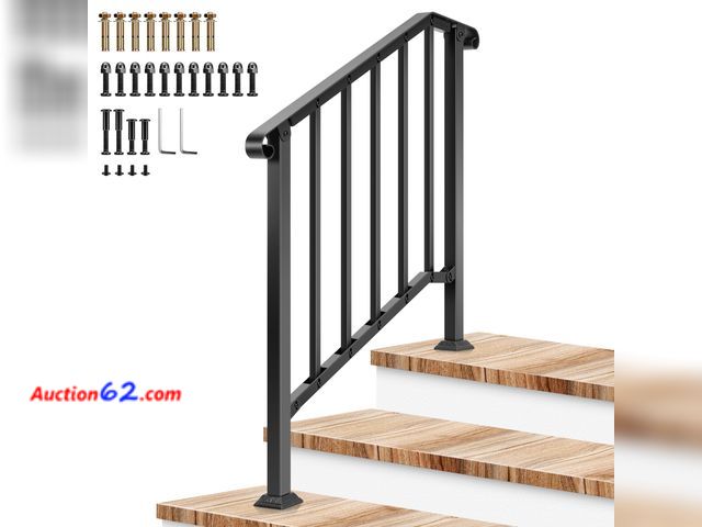 Lot 44-142 - $85.49 Retail price - VIVOSUN Outdoor Handrail, 3 Step Stair Handrail, 40" x 36" Fits 1 to 3 Steps, Wrought Mattle Iron Stair Railing with C...