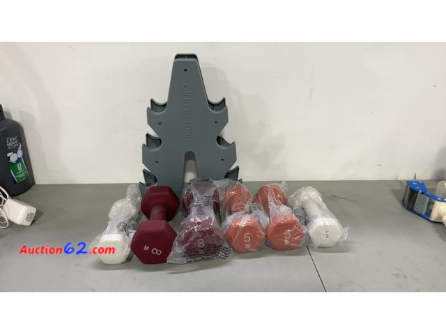 Lot 44-1750j - Basic Hand Weight Set Pink/White/Magenta - All in Motion™: Iron Dumbbells with Rack (rack has damage/ missing some pegs) E-Commerce Return, ...