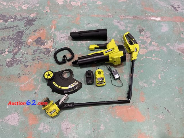 Lot 44-1660f - $159 Retail price - RYOBI ONE+ 18V Cordless Battery String Trimmer/Edger and Jet Fan Blower Combo Kit (2-Tools) with 4.0 Ah Battery and Char...