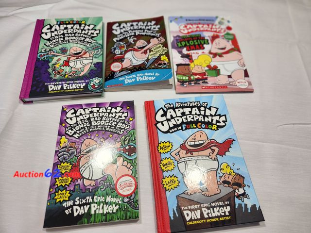 Lot 44-3608m - 5 Captain Underpants Books. Captain Underpants and the Big, Bad Battle of the Bionic Booger Boy Part 1 and book part 2. Captain underpants  ...